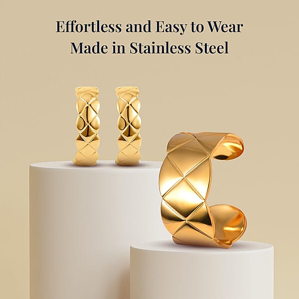 EverTrue Diamond-cut Cuff Bracelet (7.0 In) And Half Hoop Earrings In ION Plated Yellow Gold Stainless Steel Jewelry Set Birthday Gift For Her