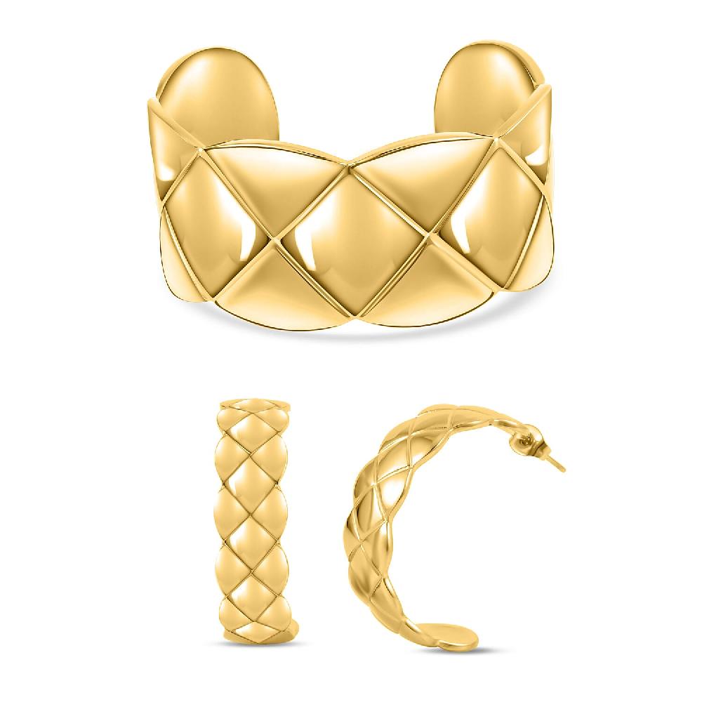 EverTrue Diamond-cut Cuff Bracelet (7.0 In) and Half Hoop Earrings in ION Plated Yellow Gold Stainless Steel Jewelry Set Birthday Gift For Her