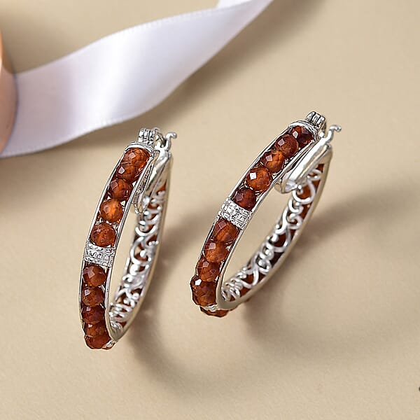 EverTrue Hessonite Garnet 25.40 Ctw Hoop Earrings In Platinum Bond