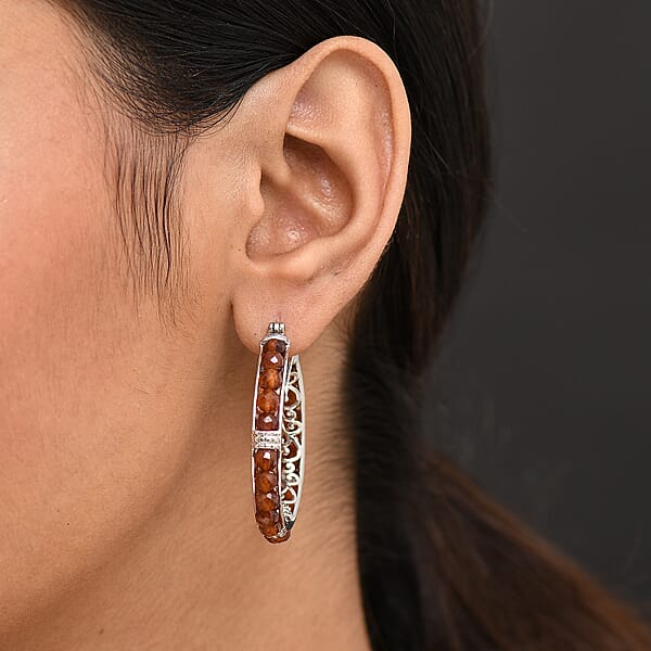 EverTrue Hessonite Garnet 25.40 Ctw Hoop Earrings In Platinum Bond