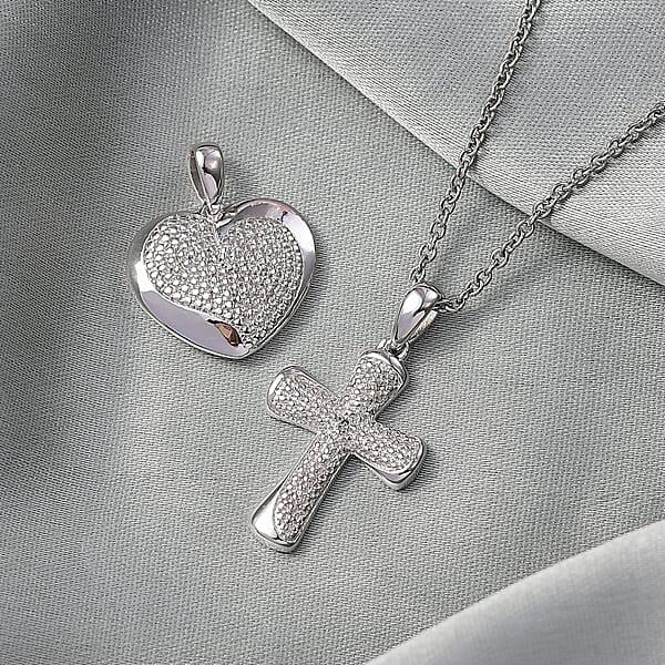EverTrue Lab Grown Diamond Accent Heart And Cross Pendants In Platinum Bond With Stainless Steel Necklace (20 Inches)