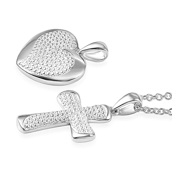 EverTrue Lab Grown Diamond Accent Heart And Cross Pendants In Platinum Bond With Stainless Steel Necklace (20 Inches)