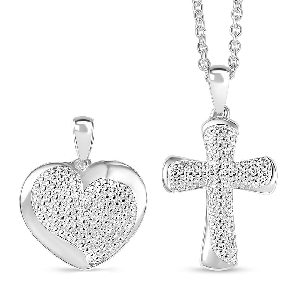 EverTrue Lab Grown Diamond Accent Heart and Cross Pendants in Platinum Bond with Stainless Steel Necklace (20 Inches)