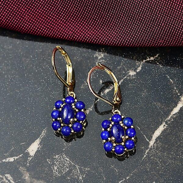 EverTrue Lapis Lazuli 3.40 Ctw Lever Back Floral Earrings In 18K Yellow Gold Plated