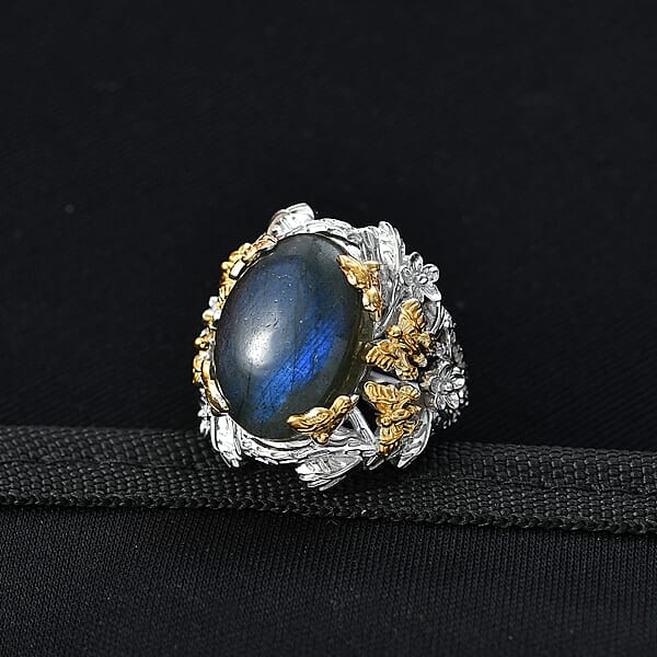 EverTrue Malagasy Labradorite 12.40 Ctw Floral And Butterfly Ring In 18K YG Plated And Platinum Bond (Del. In 7-10 Days)