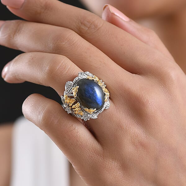 EverTrue Malagasy Labradorite 12.40 Ctw Floral And Butterfly Ring In 18K YG Plated And Platinum Bond (Del. In 7-10 Days)