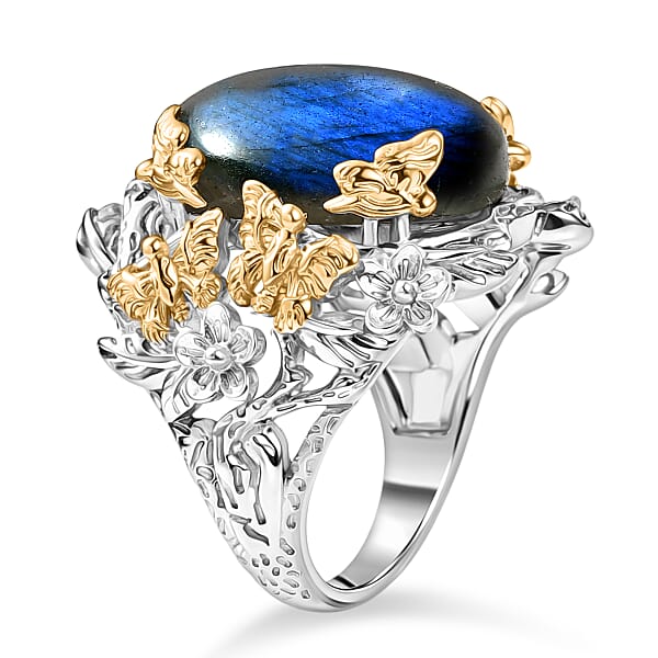 EverTrue Malagasy Labradorite 12.40 Ctw Floral And Butterfly Ring In 18K YG Plated And Platinum Bond (Del. In 7-10 Days)