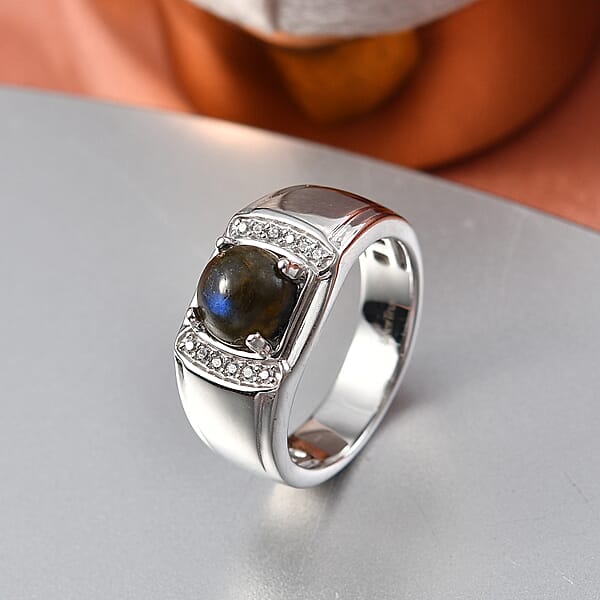 EverTrue Malagasy Labradorite Aand White Zircon 2.35 Ctw Midnight Men's Ring In Platinum Bond (Del. In 7-10 Days)