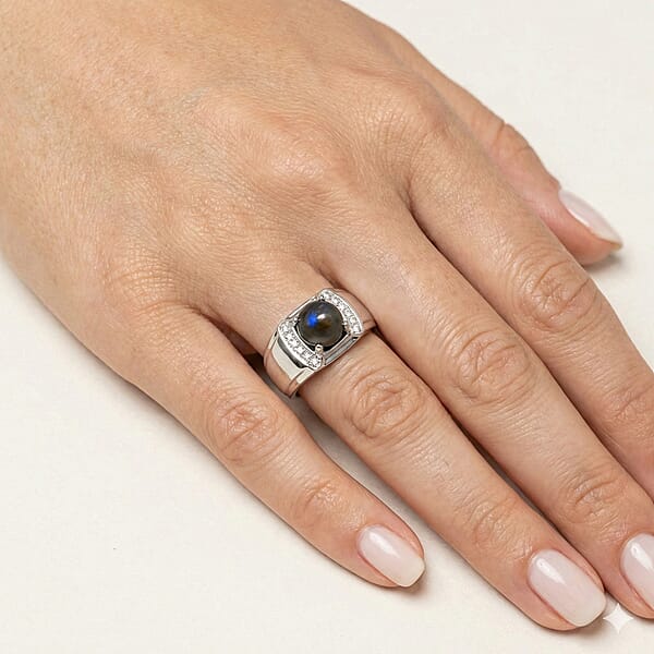 EverTrue Malagasy Labradorite Aand White Zircon 2.35 Ctw Midnight Men's Ring In Platinum Bond (Del. In 7-10 Days)