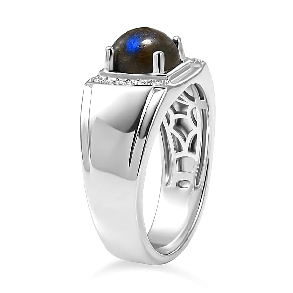 EverTrue Malagasy Labradorite Aand White Zircon 2.35 Ctw Midnight Men's Ring In Platinum Bond (Del. In 7-10 Days)