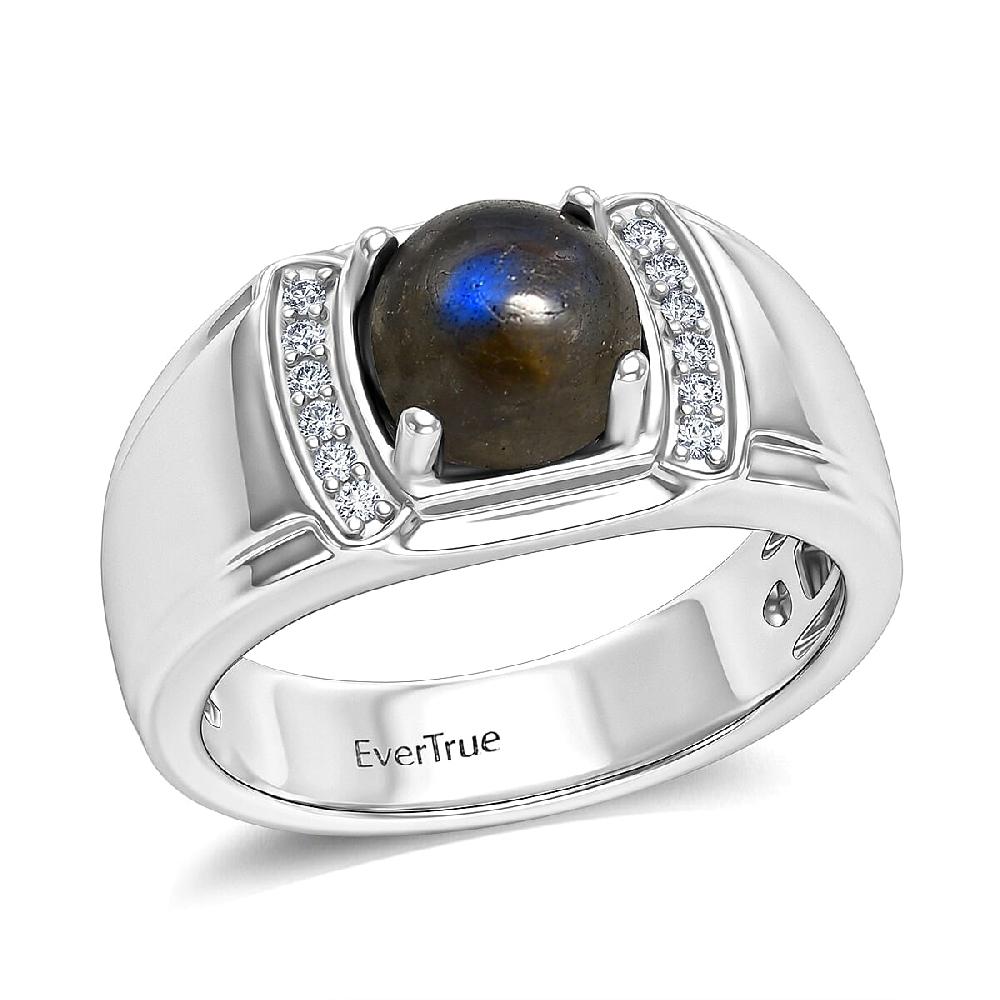 EverTrue Malagasy Labradorite aand White Zircon 2.35 ctw Midnight Men's Ring in Platinum Bond (Del. in 7-10 Days)