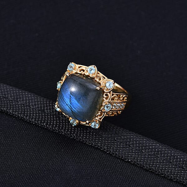 EverTrue Malagasy Labradorite And Apatite 8.90 Ctw Ring In 18K Yellow Gold Plated (Del. In 7-10 Days)