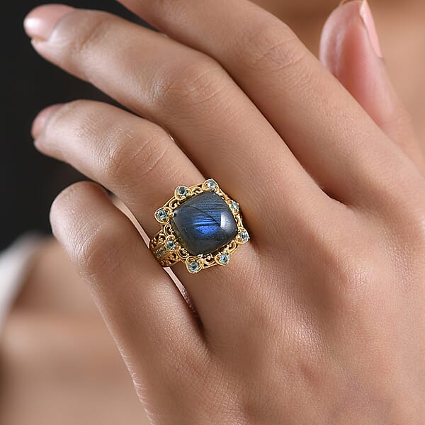 EverTrue Malagasy Labradorite And Apatite 8.90 Ctw Ring In 18K Yellow Gold Plated (Del. In 7-10 Days)