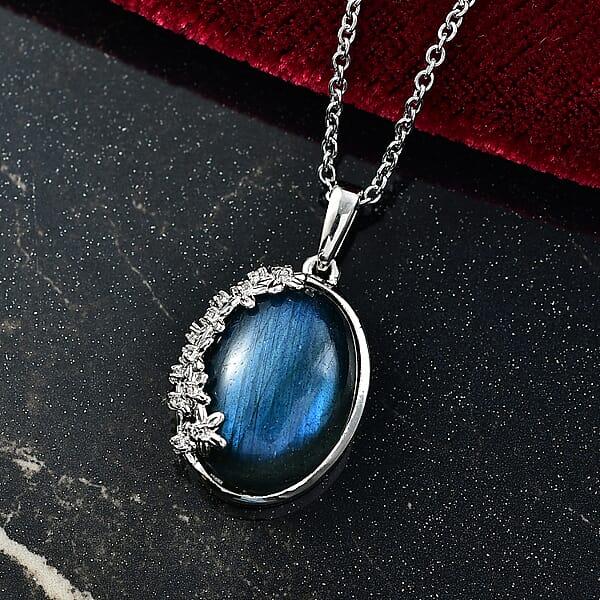 EverTrue Malagasy Labradorite White Zircon Moonbloom Pendant In Platinum Bond With Stainless Steel Necklace 9.15 Ctw (20 Inches)