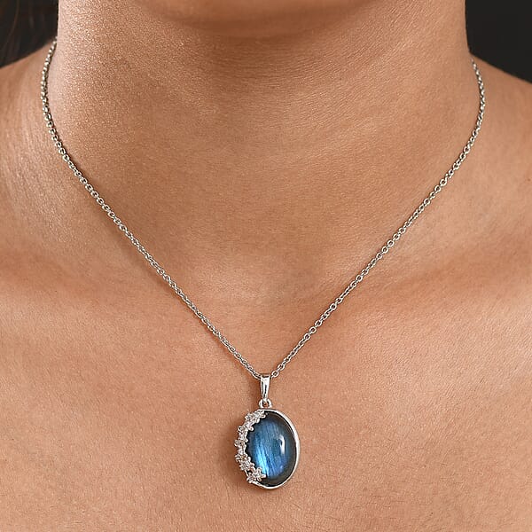 EverTrue Malagasy Labradorite White Zircon Moonbloom Pendant In Platinum Bond With Stainless Steel Necklace 9.15 Ctw (20 Inches)