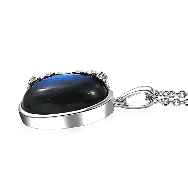 EverTrue Malagasy Labradorite White Zircon Moonbloom Pendant In Platinum Bond With Stainless Steel Necklace 9.15 Ctw (20 Inches)