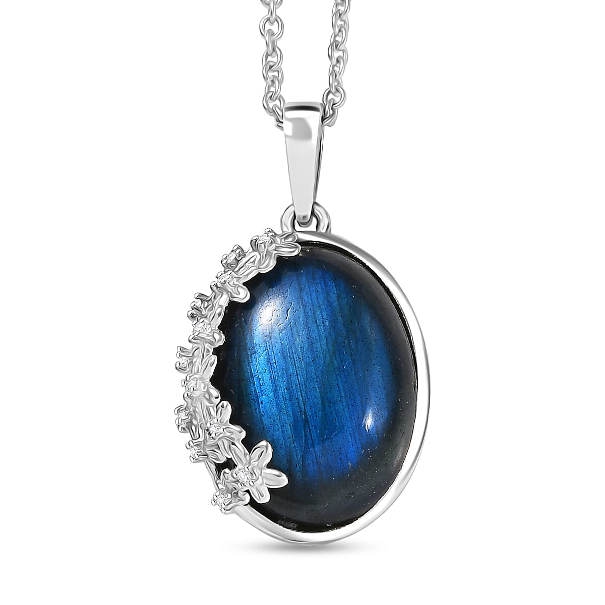 EverTrue Malagasy Labradorite White Zircon Moonbloom Pendant in Platinum Bond with Stainless Steel Necklace 9.15 ctw (20 Inches)