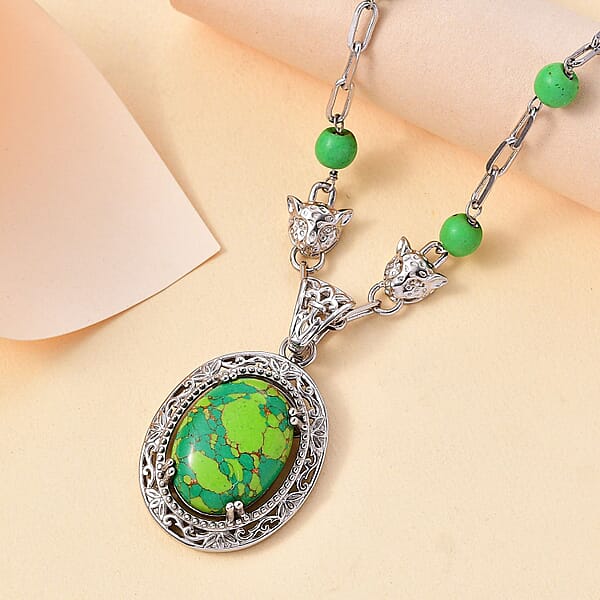 EverTrue Mojave Green Turquoise 19.50 Ctw Paper Clip And Leopard Head Necklace In Platinum Bond 18 -20 Inches
