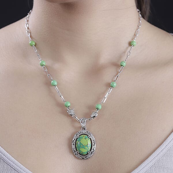 EverTrue Mojave Green Turquoise 19.50 Ctw Paper Clip And Leopard Head Necklace In Platinum Bond 18 -20 Inches