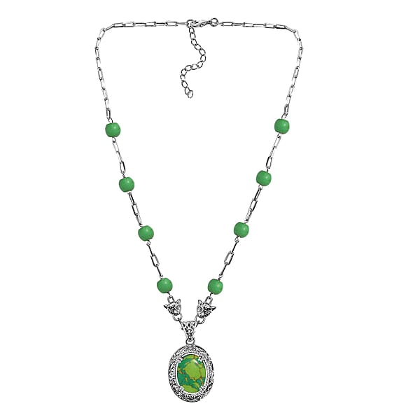 EverTrue Mojave Green Turquoise 19.50 Ctw Paper Clip And Leopard Head Necklace In Platinum Bond 18 -20 Inches