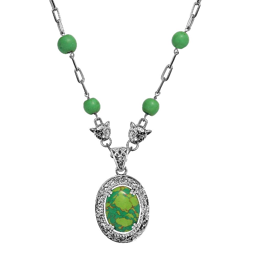 EverTrue Mojave Green Turquoise 19.50 ctw Paper Clip and Leopard Head Necklace in Platinum Bond 18 -20 Inches