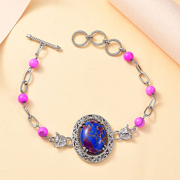 EverTrue Mojave Purple Turquoise 23.10 Ctw Paper Clip And Leopard Head Bracelet In Platinum Bond (6.50-800In)