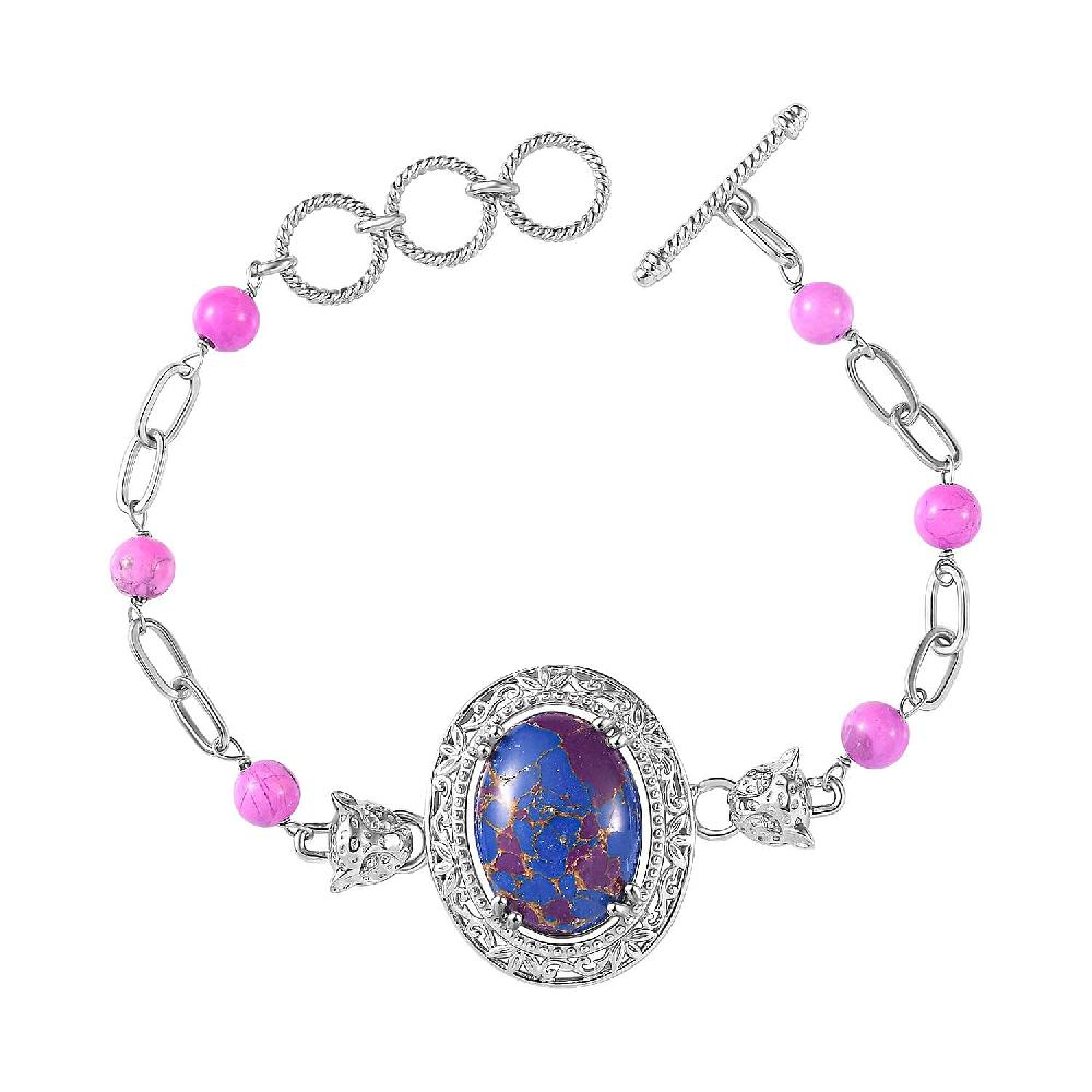 EverTrue Mojave Purple Turquoise 23.10 ctw Paper Clip and Leopard Head Bracelet in Platinum Bond (6.50-800In)