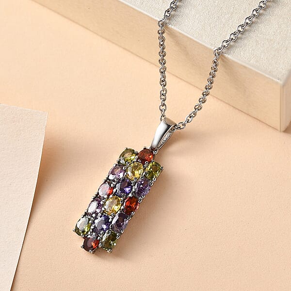 EverTrue Multi Color Simulated Diamond Pendant Necklace In Stainless Steel 3.75 Ctw (20 Inches)