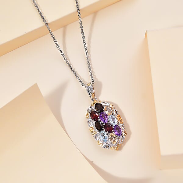 EverTrue Multi Gemstone 3.85 Ctw Pendant In 18K YG Plated And Platinum Bond With Stainless Steel Necklace 20 Inches