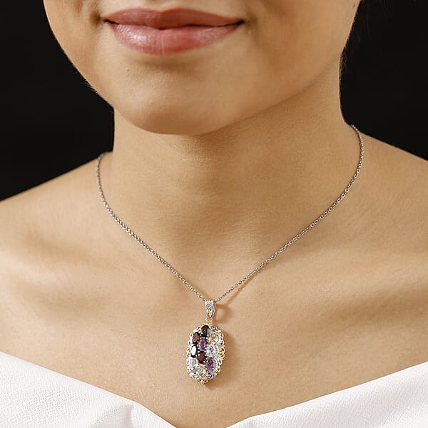 EverTrue Multi Gemstone 3.85 Ctw Pendant In 18K YG Plated And Platinum Bond With Stainless Steel Necklace 20 Inches