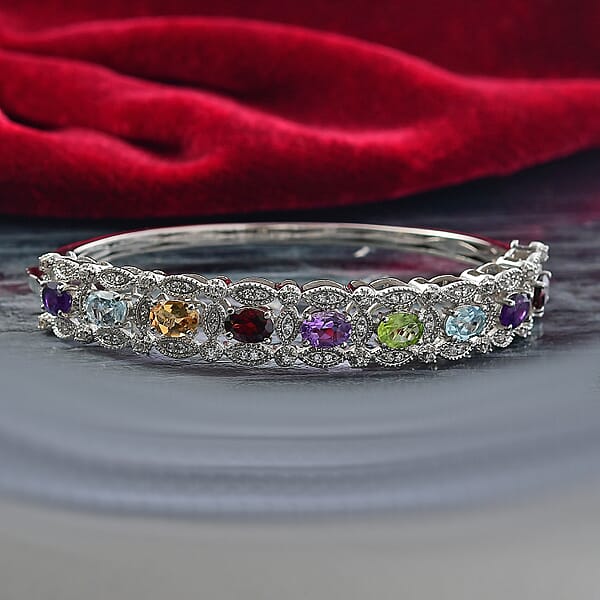 EverTrue Multi Gemstone 8.70 Ctw Bangle Bracelet In Platinum Bond (7.25 In)