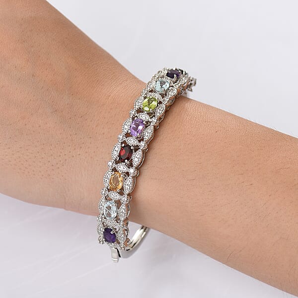 EverTrue Multi Gemstone 8.70 Ctw Bangle Bracelet In Platinum Bond (7.25 In)