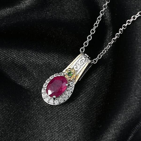EverTrue Niassa Ruby And Multi Gemsotne 1.70 Ctw Pendant In 18K YG Plated And Platinum Bond With Stainless Steel Necklace 20 Inches
