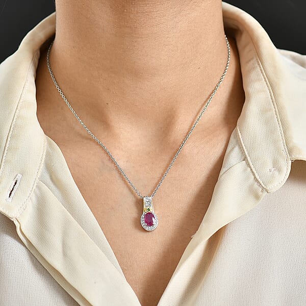 EverTrue Niassa Ruby And Multi Gemsotne 1.70 Ctw Pendant In 18K YG Plated And Platinum Bond With Stainless Steel Necklace 20 Inches