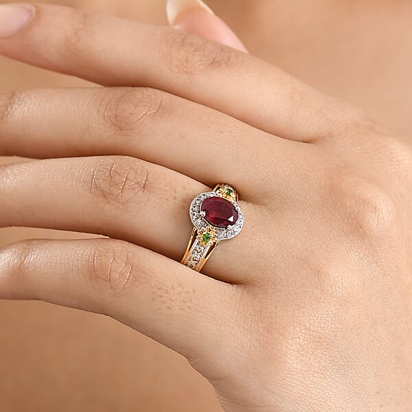 EverTrue Niassa Ruby (FF) And Multi Gemstone 2.25 Ctw Ring In 18K YG Plated And Platinum Bond