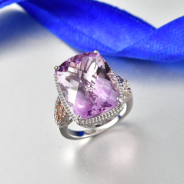 EverTrue Rose De France Amethyst And White Zircon 20.60 Ctw Ring In 18K RG Plated And Platinum Bond