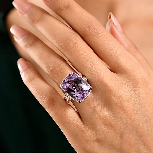 EverTrue Rose De France Amethyst And White Zircon 20.60 Ctw Ring In 18K RG Plated And Platinum Bond