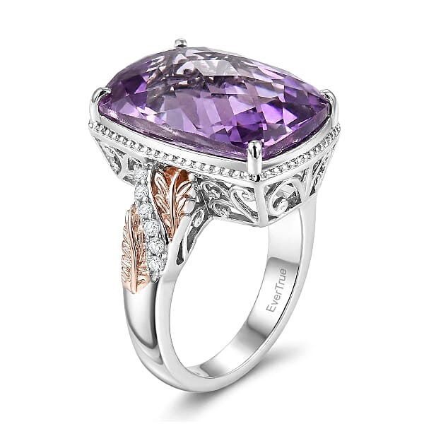 EverTrue Rose De France Amethyst And White Zircon 20.60 Ctw Ring In 18K RG Plated And Platinum Bond