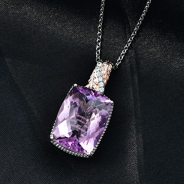 EverTrue Rose De France Amethyst And White Zircon 20.50 Ctw Pendant In 18K RG Plated And Platinum Bond With Stainless Steel Necklace 20 Inches