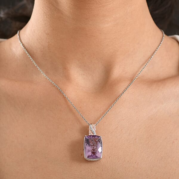 EverTrue Rose De France Amethyst And White Zircon 20.50 Ctw Pendant In 18K RG Plated And Platinum Bond With Stainless Steel Necklace 20 Inches