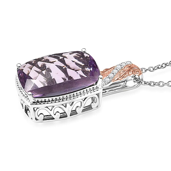 EverTrue Rose De France Amethyst And White Zircon 20.50 Ctw Pendant In 18K RG Plated And Platinum Bond With Stainless Steel Necklace 20 Inches