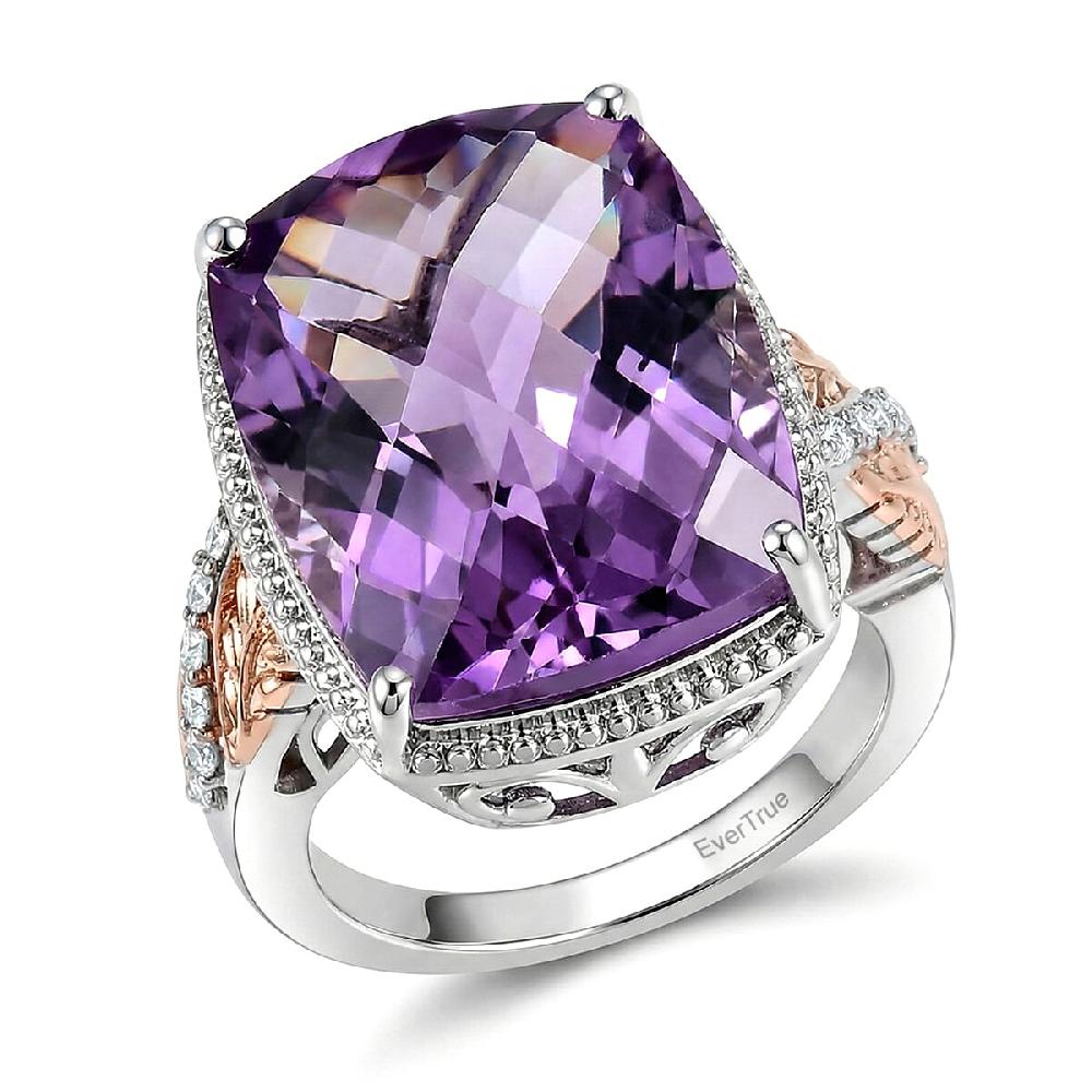 EverTrue Rose De France Amethyst and White Zircon 20.60 ctw Ring in 18K RG Plated and Platinum Bond