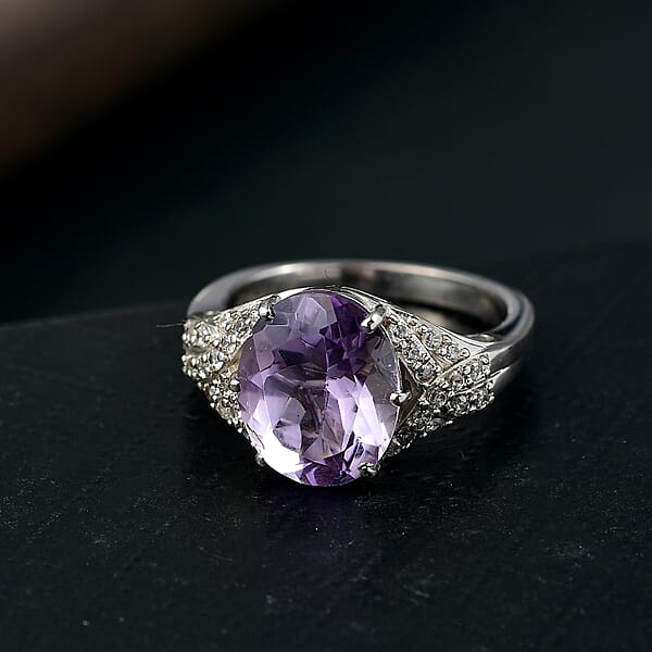 EverTrue Rose De France Amethyst White Zircon Lavender Cocktail Ring In Platinum Bond 4.75 Ctw