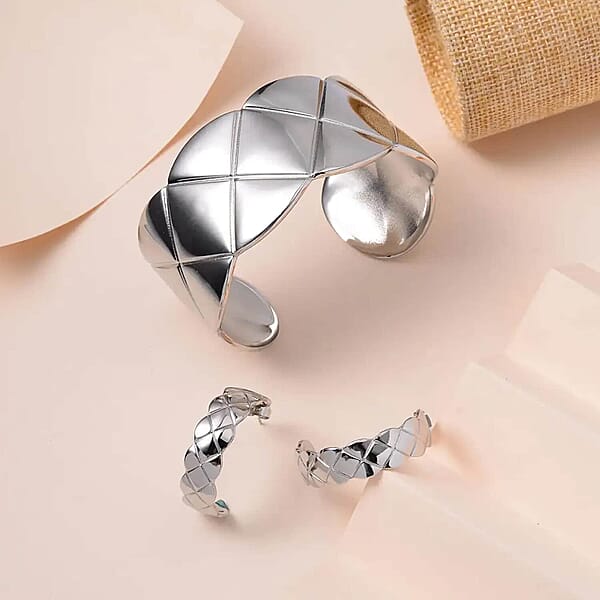 EverTrue Set Of 3 Diamond-cut Cuff Bracelet (7.0 In) And Half Hoop Earrings In ION Plated YRG And Stainless Steel
