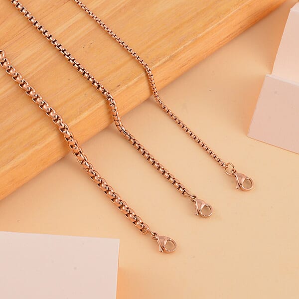 EverTrue Set Of 3 Round Box Chain Bracelet In ION Plated RG Stainless Steel (7.50-9.50In)