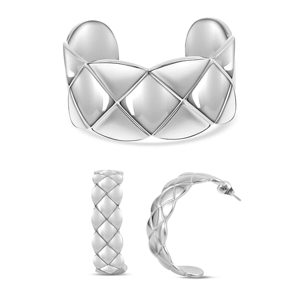 EverTrue Set Of 5 Diamond-cut Cuff Bracelet (7.0 In) And Half Hoop Earrings In ION Plated YRG And Stainless Steel