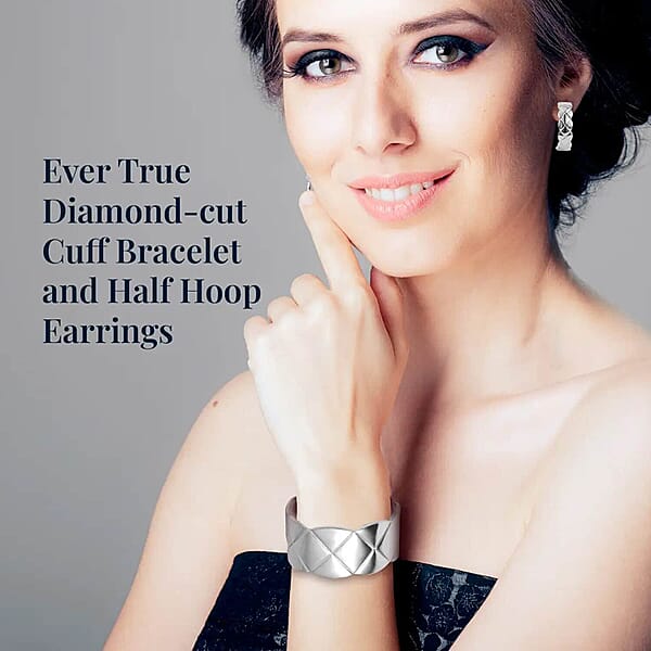 EverTrue Set Of 5 Diamond-cut Cuff Bracelet (7.0 In) And Half Hoop Earrings In ION Plated YRG And Stainless Steel