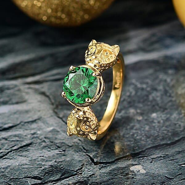 EverTrue Simulated Green Diamond Panther Ring In 18K YG Plated 3.10 Ctw