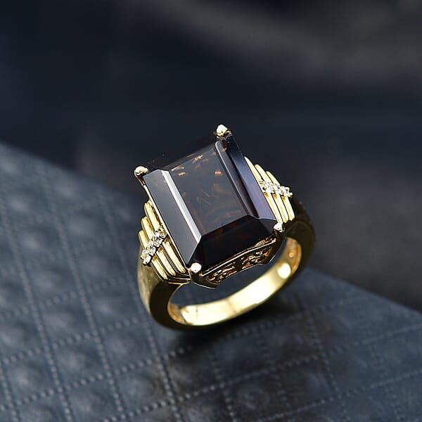 EverTrue Smoky Quartz And White Zircon 11.15 Ctw Ring In 18K Yellow Gold Plated