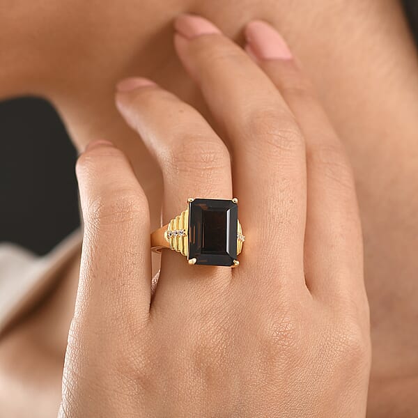 EverTrue Smoky Quartz And White Zircon 11.15 Ctw Ring In 18K Yellow Gold Plated